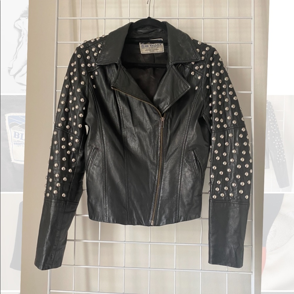 Vintage slim cut leather studded moto jacket